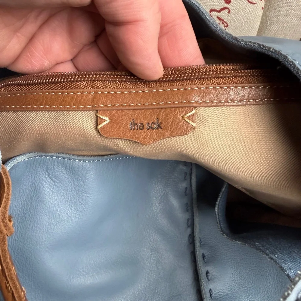 The Sak Los Feliz LG Leather Tote Bag Blue Hobo Brown Strap Slouchy Whipstitch